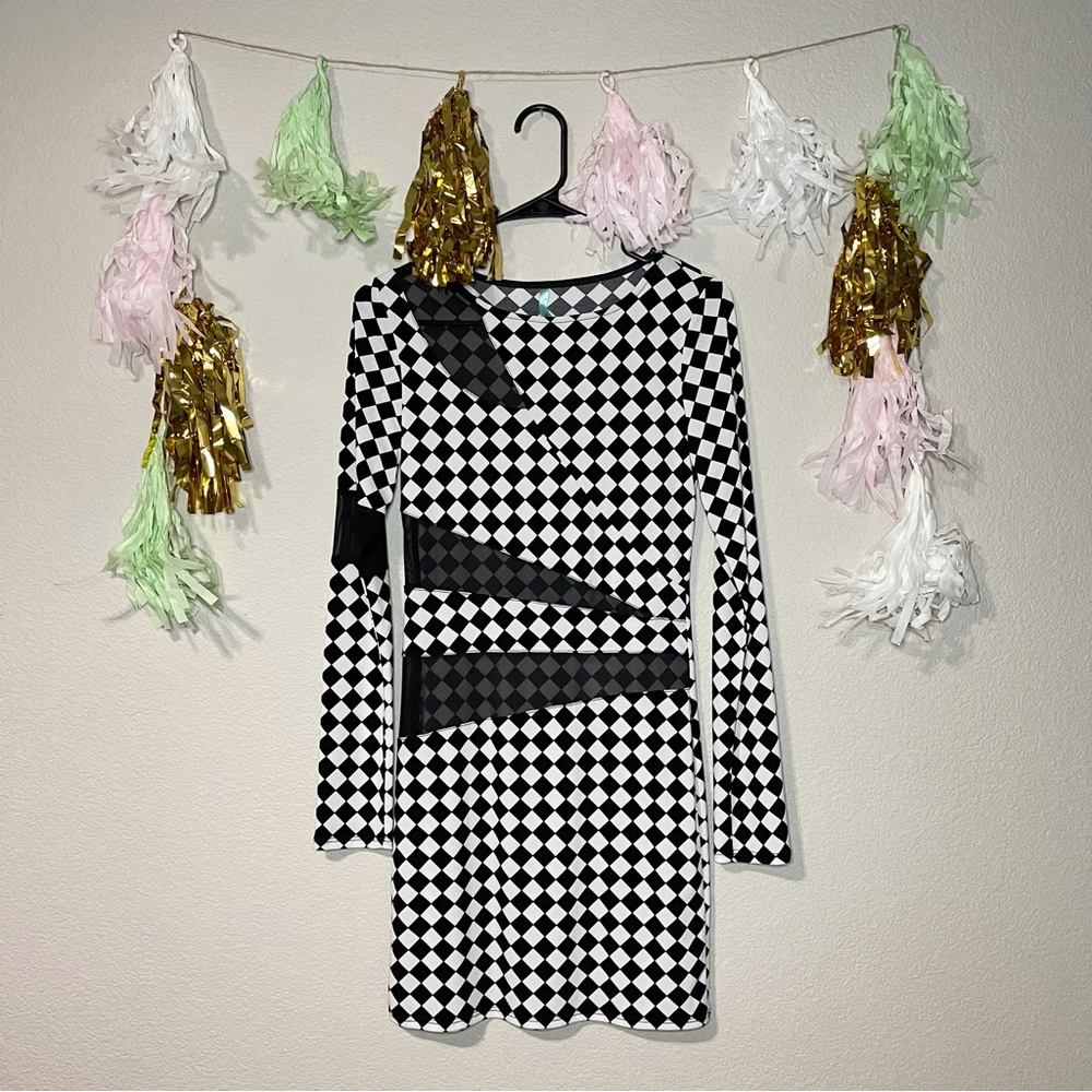 Rhapsodielle Checkered Long Sleeve Bodycon Mini Dress